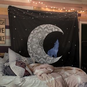 White Moon Wolf Tapestry Blue Distressed Tapestry